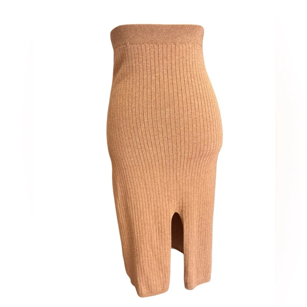 Free People Skyline Camel Ribbed Knit Midi Pencil Skirt Front Slit Size S